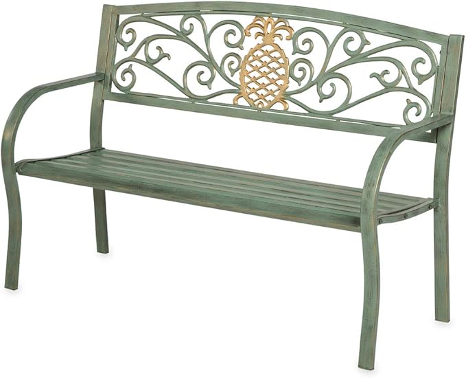 Evergreen Weatherproof Pineapple Outdoor Bench | Holds Up to 300 lbs | Garden Patio Porch Park Deck | Metal | Green - Photo 1