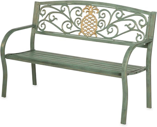 Evergreen Weatherproof Pineapple Outdoor Bench | Holds Up to 300 lbs | Garden Patio Porch Park Deck | Metal | Green