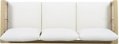 Merax Patio Acacia Wood PE Wicker 3-Seater Sofa with Waterproof Detachable Cushion, Outdoor Furniture, Light Teak Finish & Cream Cushion