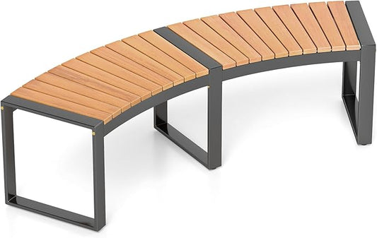 Tangkula Patio Curved Bench, Acacia Wood Fire Pit Bench w/Slatted Seat & Metal Legs, Outdoor Backless 2-Person Seating for Yard, Garden, Porch, 800 LBS Max Load, Oil Painted