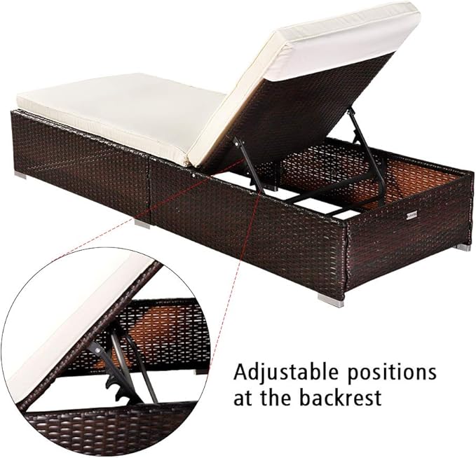 VINGLI Adjustable Backrest Outdoor Patio Wicker Rattan Lounge Chairs,Beach Poolside Chair,Chaise Lounge,Water Repellent Cushions,Beige & Cream White (Brown.)