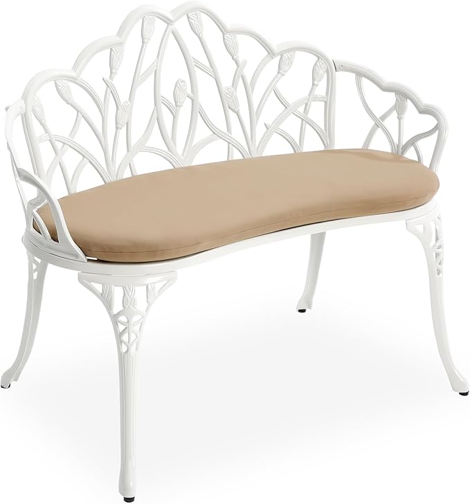 HOMEFUN Outdoor Bench with Cushion- Patio Garden Benches Metal Loveseat Cast-Aluminum Outside Furniture for Park Lawn Front Porch White