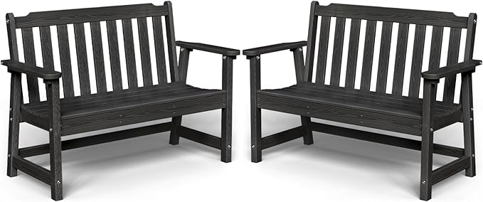 Outdoor Bench, 2-Person HDPE Garden Bench, All Weather Poly Patio Bench for Outdoors, Garden, Backyard, Porch and Park, 660 lbs Weight Capacity, Black, 2 Pack