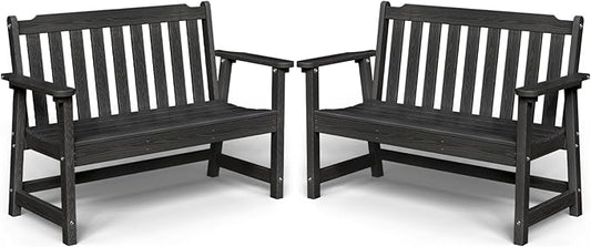 Outdoor Bench, 2-Person HDPE Garden Bench, All Weather Poly Patio Bench for Outdoors, Garden, Backyard, Porch and Park, 660 lbs Weight Capacity, Black, 2 Pack
