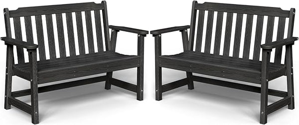 Outdoor Bench, 2-Person HDPE Garden Bench, All Weather Poly Patio Bench for Outdoors, Garden, Backyard, Porch and Park, 660 lbs Weight Capacity, Black, 2 Pack