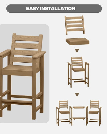 Tall HDPE Adirondack Bar Chairs Set of 2, Outdoor Balcony Bar-Height Chairs with Extra-Large Side Trays & 2" Umbrella Hole, All-Weather Patio Stools for Porch, Deck, Garden (Brown, 2chair)