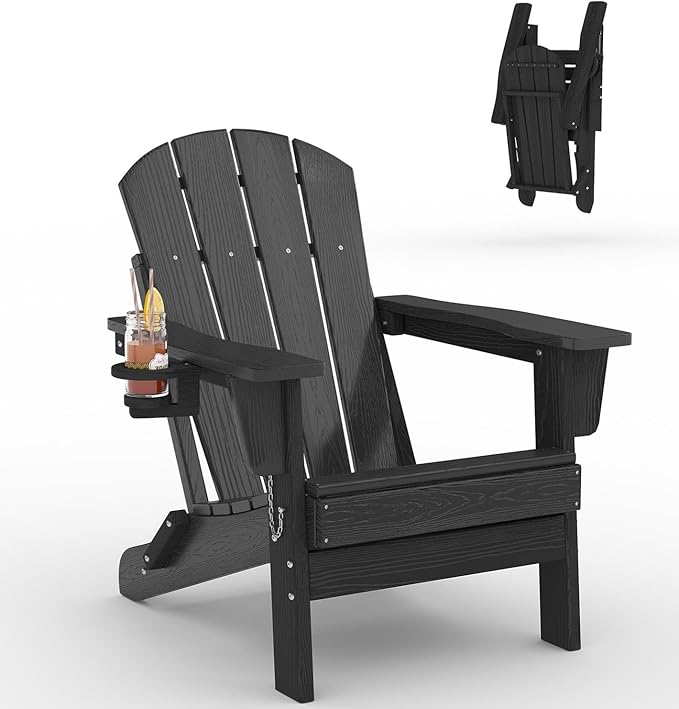 Garvee Folding Adirondack Chair, HDPE Outdoor Patio Chair with Cup Holder, All Weather Resistent Wooden Textured for patios, Decks, Gardens, fire Pit, Black