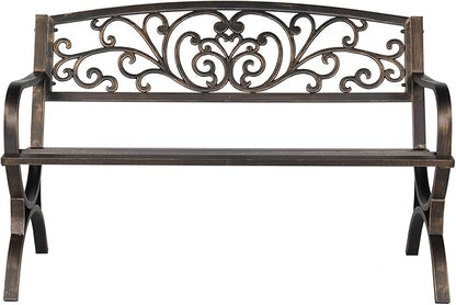 50in Bronze Iron Bench,Outdoor Garden Bench, Cast Iron Metal Frame Patio Park Bench with Butterfly Pattern Backrest, Arch Legs for Porch, Lawn, Yard