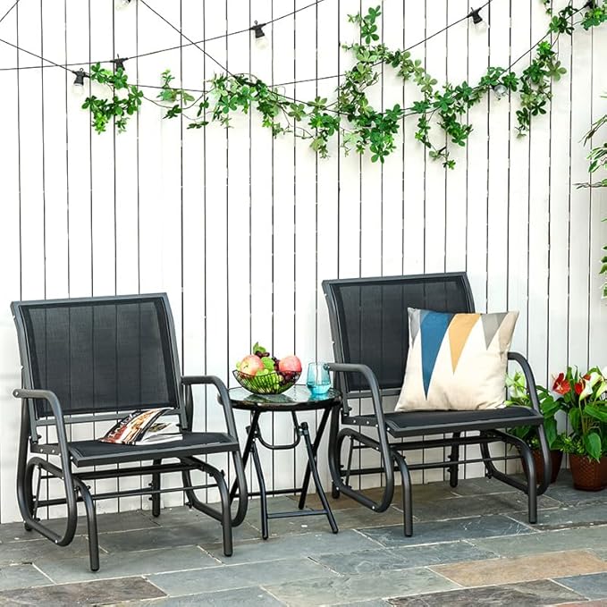 Outsunny Porch Glider Set of 2, Metal Frame Swing Glider Chair with Breathable Mesh Fabric, Curved Armrests and Steel Frame for Garden, Poolside, Backyard, Balcony, Black