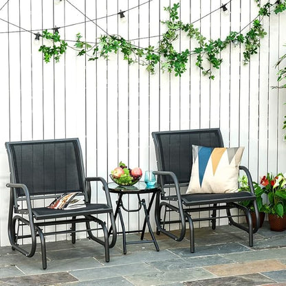 Outsunny Porch Glider Set of 2, Metal Frame Swing Glider Chair with Breathable Mesh Fabric, Curved Armrests and Steel Frame for Garden, Poolside, Backyard, Balcony, Black