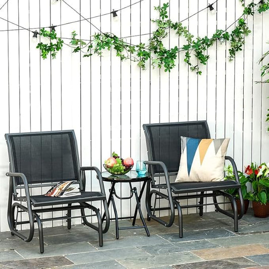 Outsunny Porch Glider Set of 2, Metal Frame Swing Glider Chair with Breathable Mesh Fabric, Curved Armrests and Steel Frame for Garden, Poolside, Backyard, Balcony, Black
