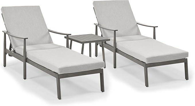 Outdoor Lounge Chair with Armrest, Patio Aluminum Chaise Lounge Set of 3, Adjustable Backrest with Rope Design, Patio Recliner Chairs Cushions for Lawn Pool Beach (Grey)