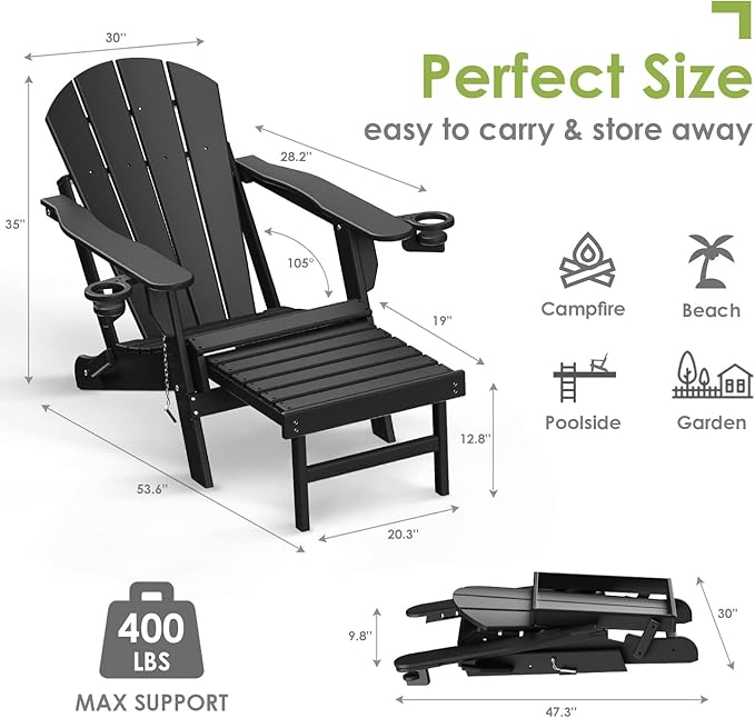 GREENVINES Adirondack-Chairs-with-Ottoman | Folding | Retractable-Footrest | HDPE Plastic | All Weather Fire Pit Chair - Photo 2