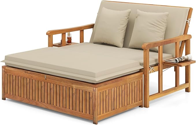 LDAILY Moccha Acacia Wood Outdoor Daybed - Wooden Loveseat Sofa with 4-Level Backrest, Storage Ottoman, Cushions - Photo 1
