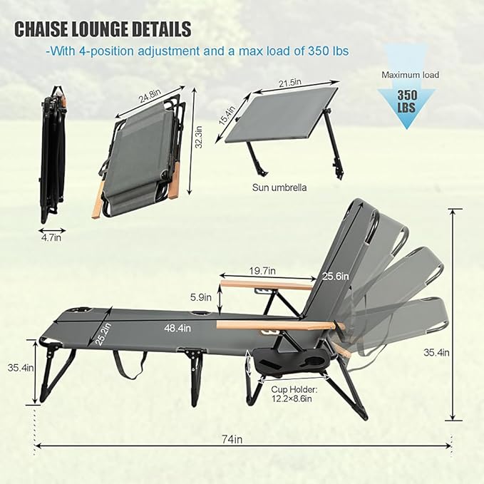 Folding Outdoor Chaise Lounge Chair with Arms, 4 Position Sunbathing Lounge Chair with Shade - Photo 3