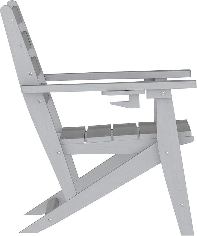 Flash Furniture Tolleson Adirondack Dining Chair with Cup Holder, Commercial Weather Resistant Recycled HDPE Adirondack Chair, Fold Out Cupholder, Gray