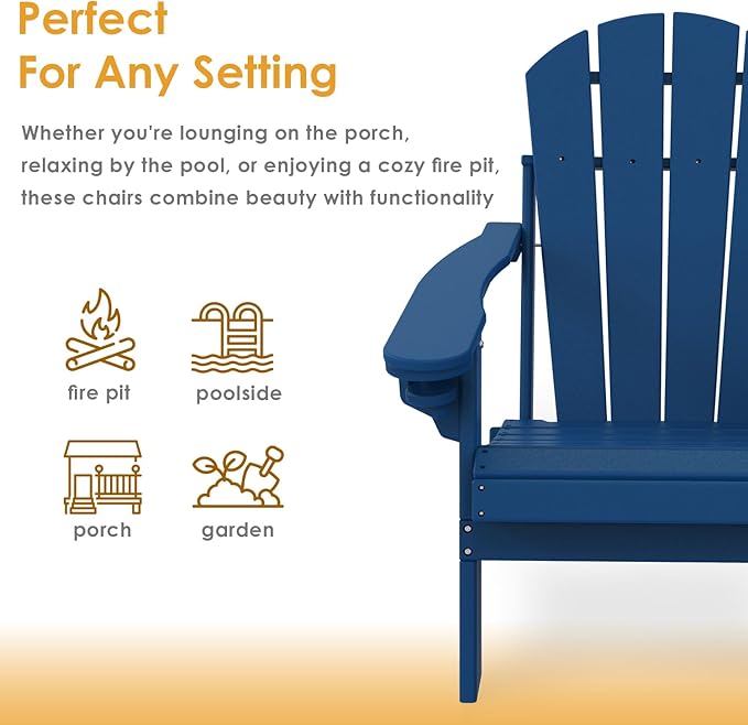 IVY&LANE Folding-Adirondack-Chairs-Set-of-2 | HDPE Plastic | Outdoor Fire Pit Chair with Cup Holder | Blue | Poly | Weather Resistant | for Patio Deck Poolside Garden Beach