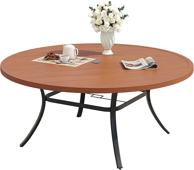 Patio Dining Table for 6-8, Round Metal Outdoor Table with 1.57" Umbrella Hole, 50" Outdoor Slat Tabletop Dining Table for Backyard, Porch, Lawn, Walnut