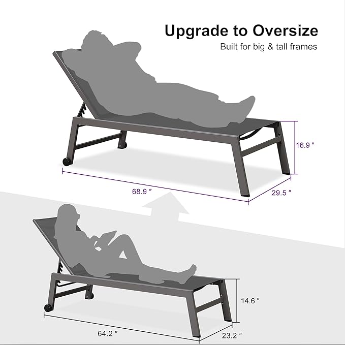 PURPLE LEAF 6-Piece Outdoor Chaise Lounge Oversized Pool Lounge Chairs with Easy-to-Move Wheels and Adjustable Backrest - Photo 3