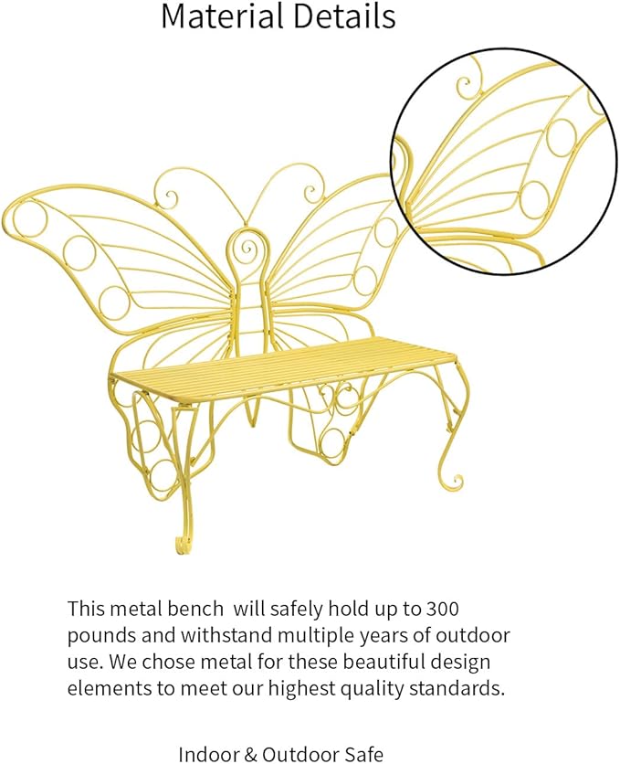 Plow & Hearth Weatherproof Butterfly Outdoor Bench | Holds Up to 300 lbs | Garden Patio Porch Park Deck | Metal | Yellow - Photo 7