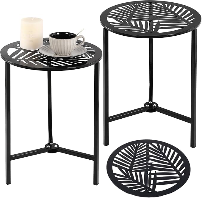 Party Zealot Set of 2 Small Round Metal Side Tables, 13-Inch Black Outdoor End Tables for Patio, Balcony - Photo 1