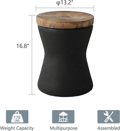 COSIEST Outdoor End Table, Drum Side Table Faux-Wood Top, Black Base with Tree Trunk Slice Hand Painted, Accent Stool, Plant Stand (Hourglass)