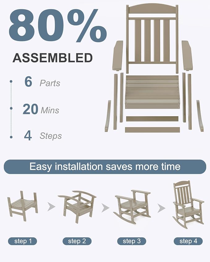 Outdoor Rocking Chairs Set of 2, Oversized High Back Patio Rocking Chairs, All Weather Porch Rocking Chairs for Outside. Brown