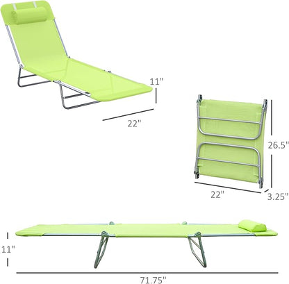 Outsunny Folding Chaise Lounge Pool Chairs, Outdoor Sun Tanning Chairs with Pillow, Reclining Back, Steel Frame & Breathable Mesh for Beach, Yard, Patio, Green