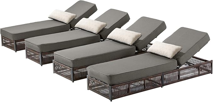 Luxury Outdoor Chaise Lounges with 5 Inch Thickened Cushions - Set of 4 High Back Brown Wicker Patio Recliners Rattan - Photo 1