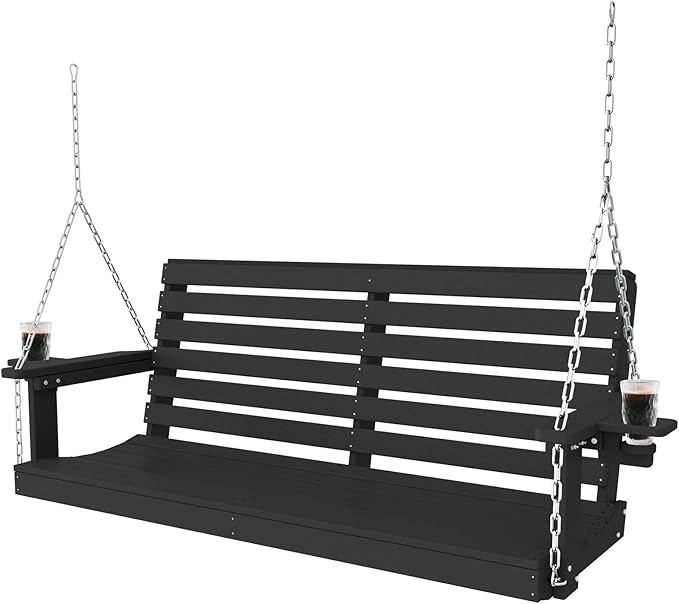 Plawdlik Porch Swings,2 Seat Patio Chair with Two Cup Holders,HDPE Waterproof Bench for Courtyard-Black