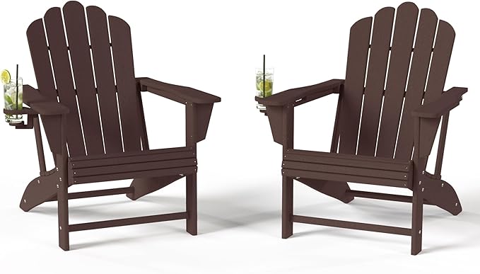 Costaelm Lakeview Outdoor Patio HDPE Adirondack Chairs with Cup Holders (Set of 2), Dark Brown