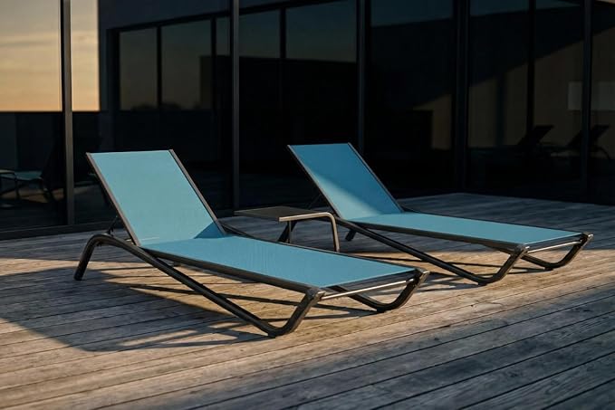 Lounge Chair Set of 2, Aluminum Chaise Lounge Outdoor with Side Table, Lightweight Lounge Chairs for Outside with 5 Adjustable Backrest, Pool Lounger for Poolside, Beach (Lake Blue)