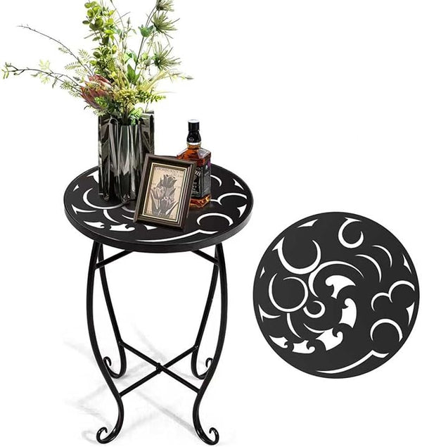 15 Inch Tall Metal Plant Stand Indoor Outdoor, Round Side Table with Swirl Pattern - Photo 1