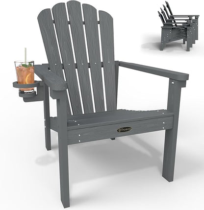 Stackable Adirondack Chair, HDPE All-Weather Adirondack Chairs - Durable and Space Saving, Plastic Outdoor Fire Pit Chairs with Cup Holder,Grey