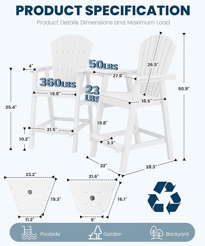 FOOWIN Tall Adirondack Chair Set of 8, All Weather HDPE Bar Height Adirondack Chair with Double Connecting Trays, Adirondack Barstools for Balcony, Deck, Backyard, Patio, Garden White