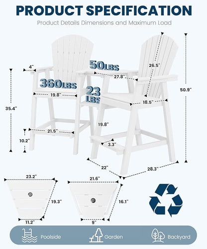 FOOWIN Tall Adirondack Chair Set of 4, All Weather HDPE Bar Height Adirondack Chair with Double Connecting Trays, Adirondack Barstools for Balcony, Deck, Backyard, Patio, Garden White