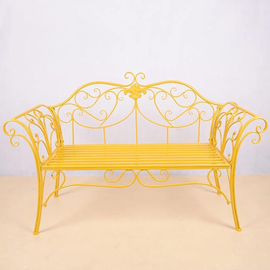 Yellow Retro Metal Garden Bench, 2-Seater Loveseat with Curved Backrest & Armrests, Outdoor Furniture for Park, Yard, Porch & Lawn, Max Capacity 250kg