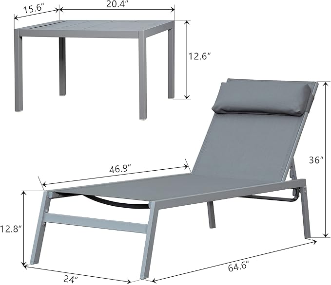 Domi 3 Pieces Adjustable Chaise Lounge Set Outdoor Patio Lounge Chair All Weather Five-Position Recliner Chair Set - Photo 8