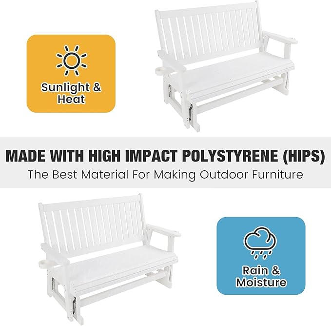 HIPS Patio Glider with Cup Holders, Durable Poly Lumber Material, All-Weather Resistant, High Backrest and Deep Contoured Seat, Heavy Duty 900 LB, for Outdoor, Porch, Patio (Ivory White, 3-Seat)