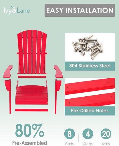 IVY&LANE Adirondack Chairs Set of 2 | HDPE Plastic | Outdoor Fire Pit Chairs | Oversized | All-Weather | Red | for Outside Deck Backyard Patio Poolside Porch Lawn