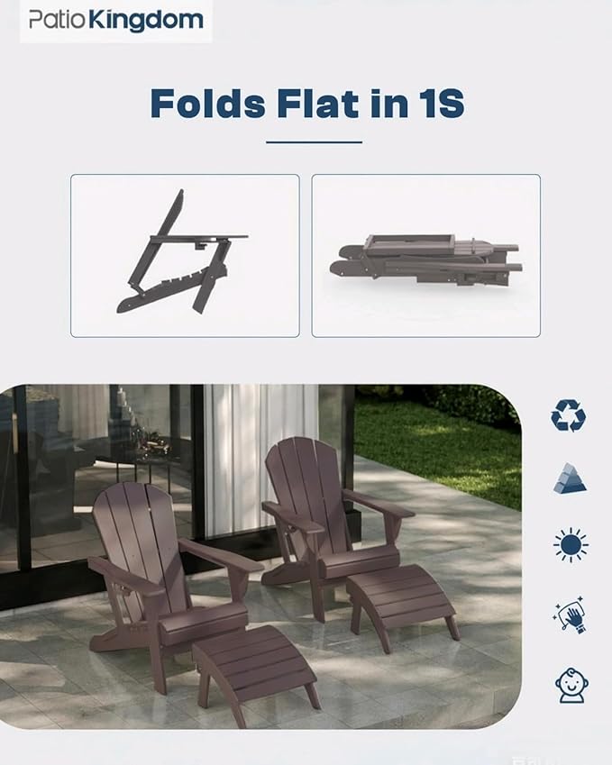6-Piece Folding Adirondack Chair Set with Cup Holders, Ottomans, Side Table & 9FT Patio Umbrella with Base - Photo 4