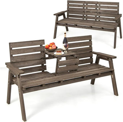 Rustic Outdoor Wooden Bench with Foldable Middle Table,63" 2-3 Persons Porch Bench with Wide Armrests and Slatted Surface,710 LBS Capacity Fir Wood Garden Bench,Coffee