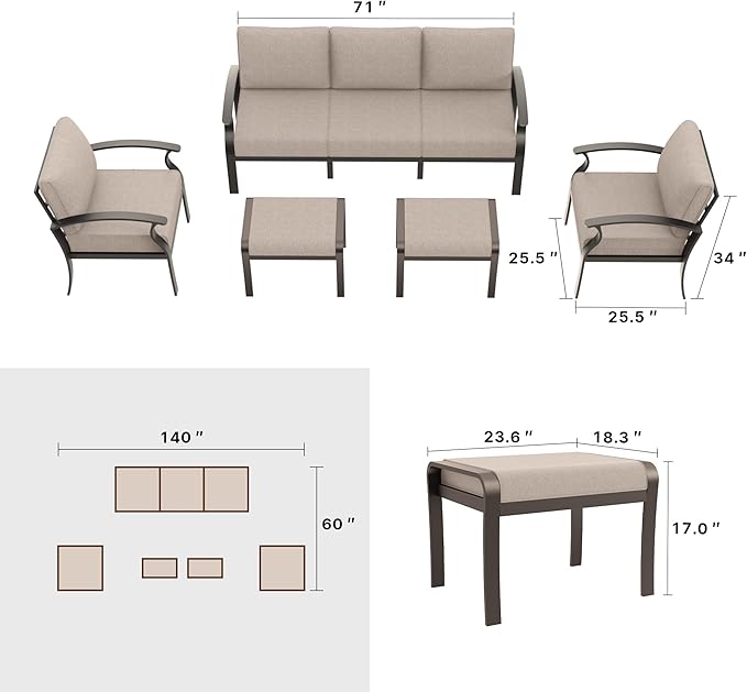 Gotland Aluminum Patio Furniture Set, Metal Outdoor Furniture with 2 Ottomans 5.1’’ High-Resilience Seat Cushions - Photo 7