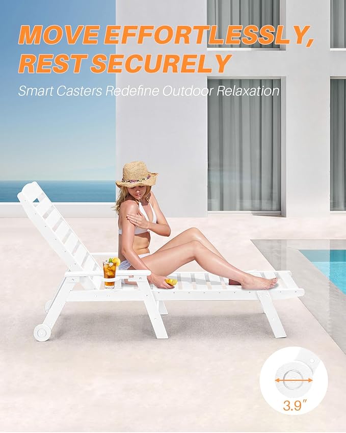 HDPE Outdoor Chaise Lounge Set of 2, 5-Position Adjustable Outdoor Lounger with Wheels & Cup Holder - Photo 7