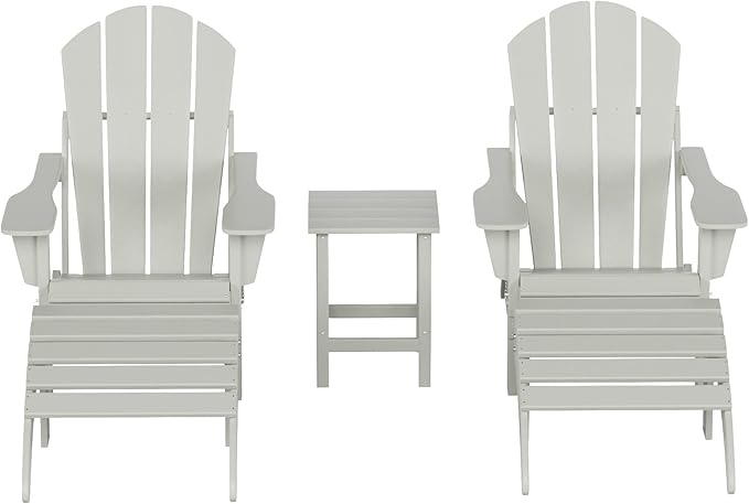 WestinTrends Malibu Outdoor Lounge Chairs Set, 5-Pieces Adirondack Chair Set of 2 with Ottoman and Side Table, All Weather Poly Lumber Patio Lawn Folding Chair for Outside, Sand