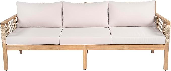 Merax Hommie 3-Seater Patio Sofa, 75in Outdoor Handwoven Rope Acacia Wood Couch with Beige Cushions for Garden, Backyard, Poolside, Teak