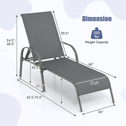 Tangkula Outdoor Lounge Chairs Set of 2, Patio Chaise Lounge with Adjustable Backrest, Reclining Pool Lounge Chairs for Outside with Heavy Duty Steel Frame for Beach, Yard, Balcony, Poolside