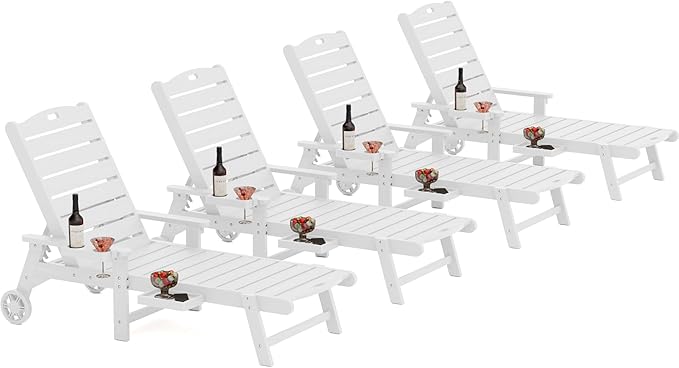 YEFU Chaise Lounge Chairs Set of 4 Outdoor,Pool Lounge Chair with Adjustable Backrest,All Weather Patio Lounge Chair with Cup Holder&Armrest,for Outside,Beach,Deck,Heavy Duty,400lbs Capacity(White)