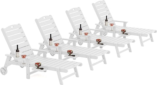 YEFU Chaise Lounge Chairs Set of 4 Outdoor,Pool Lounge Chair with Adjustable Backrest,All Weather Patio Lounge Chair with Cup Holder&Armrest,for Outside,Beach,Deck,Heavy Duty,400lbs Capacity(White)
