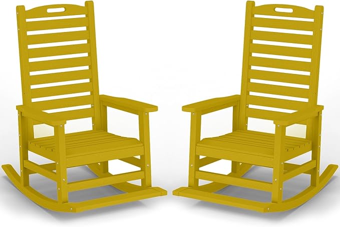 PLUUV Outdoor Rocking Chair Set of 2 with Removable Footboard for Adults, HDPE High Back Patio Rocking Chairs, 330lbs All Weather Porch Rocking Chairs for Outdoor & Indoor -Yellow